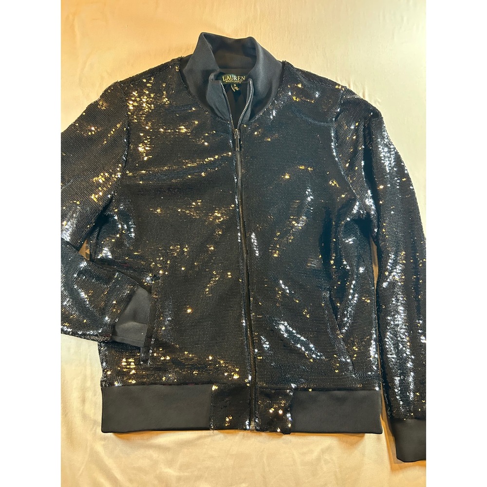 Lauren Ralph Lauren Womens Black Sequined Full Zip Bomber Jacket Size Medium